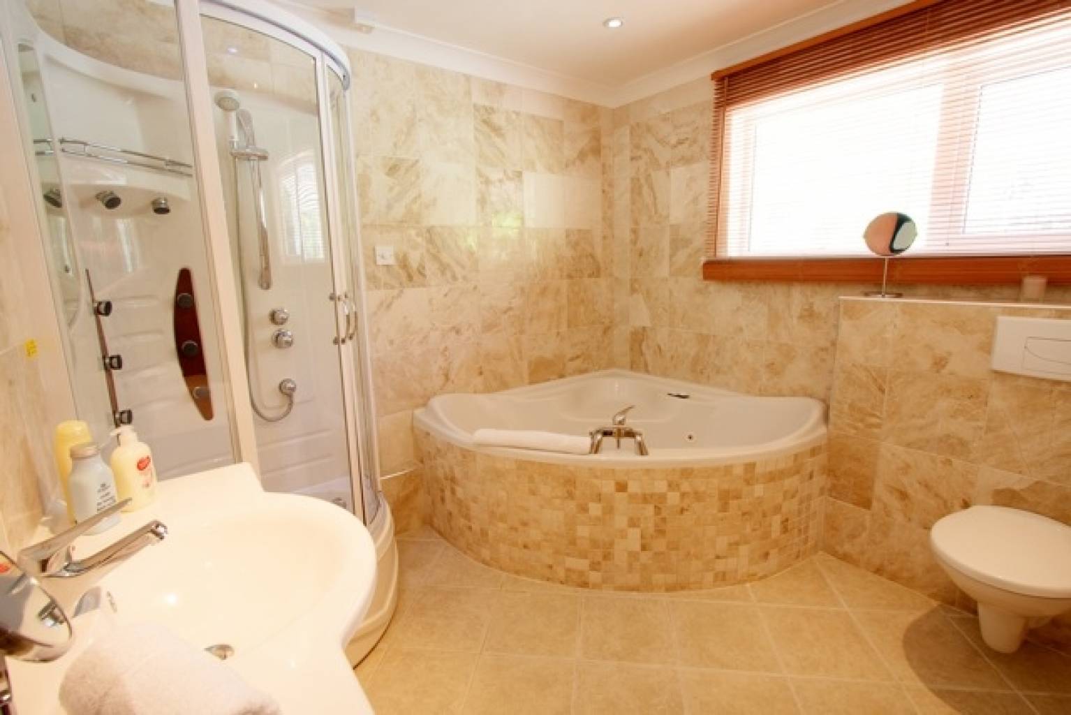 Westmount Perranporth - Family Bathroom - marble tiles, shower cubicle, corner bath